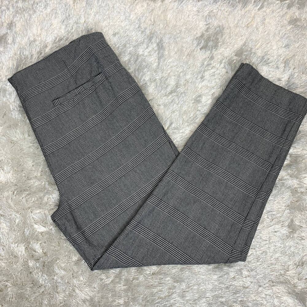 Glen Plaid Trousers Sz 10 Stretch Slim Flat Front Black White